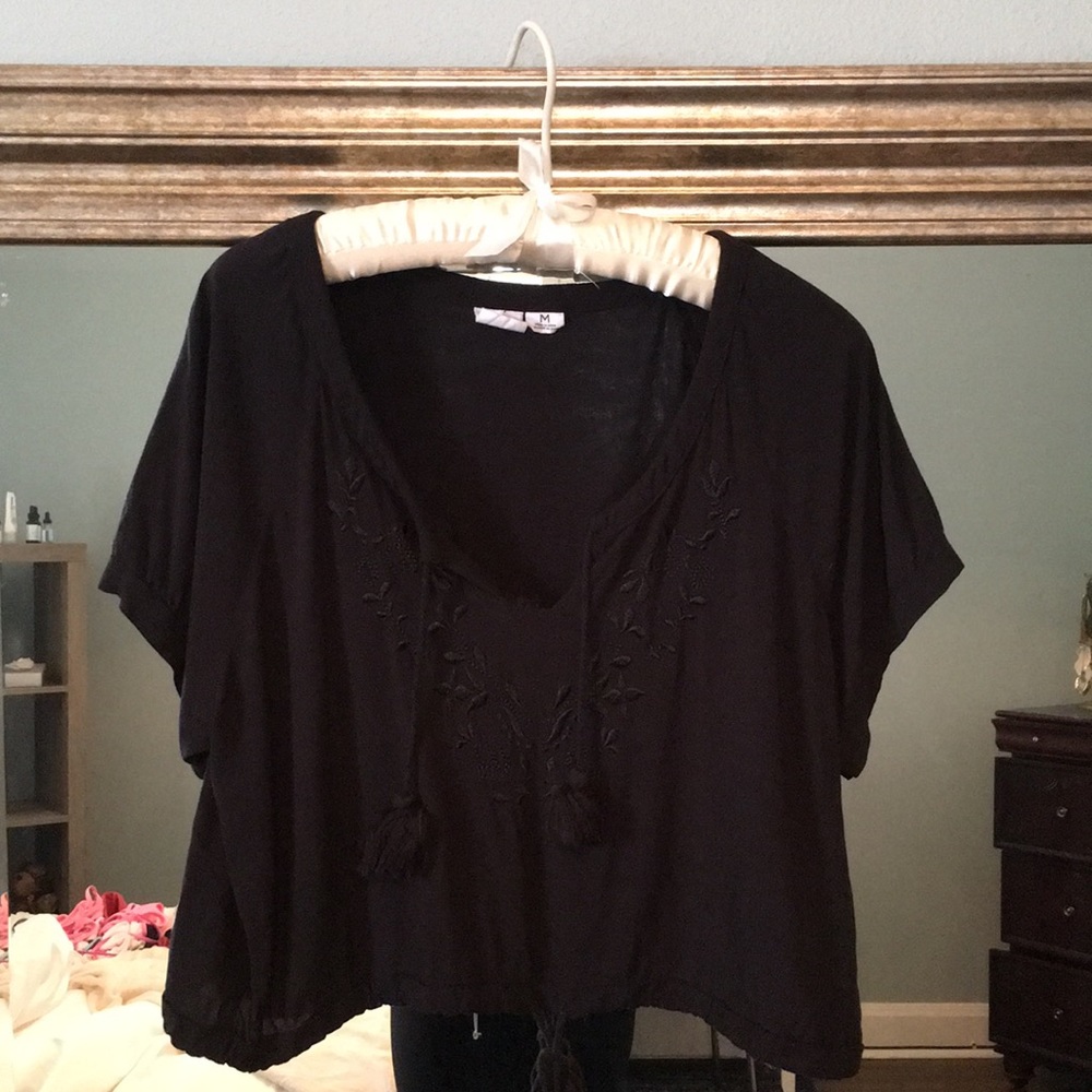 Black cropped top with tassel and drawstring
